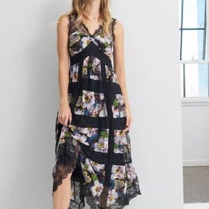 ANTHROPOLOGIE KASONDRA LACE TIERED MAXI DRESS BLACK FLORAL PRINT MULTI size 6